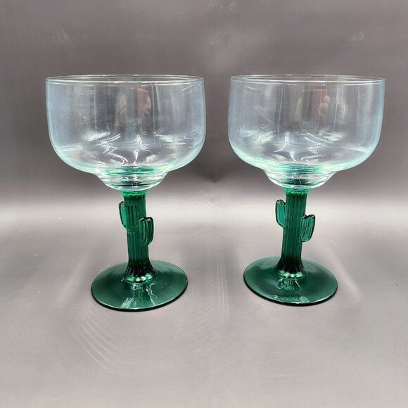Libbey Cactus Stem Margarita Glasses 12 oz Green & Clear 6" Set Of 2 - Picture 3 of 5